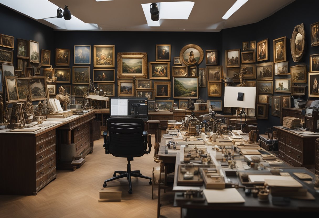 A studio filled with replicas of famous artworks, with artists meticulously working on recreating every detail