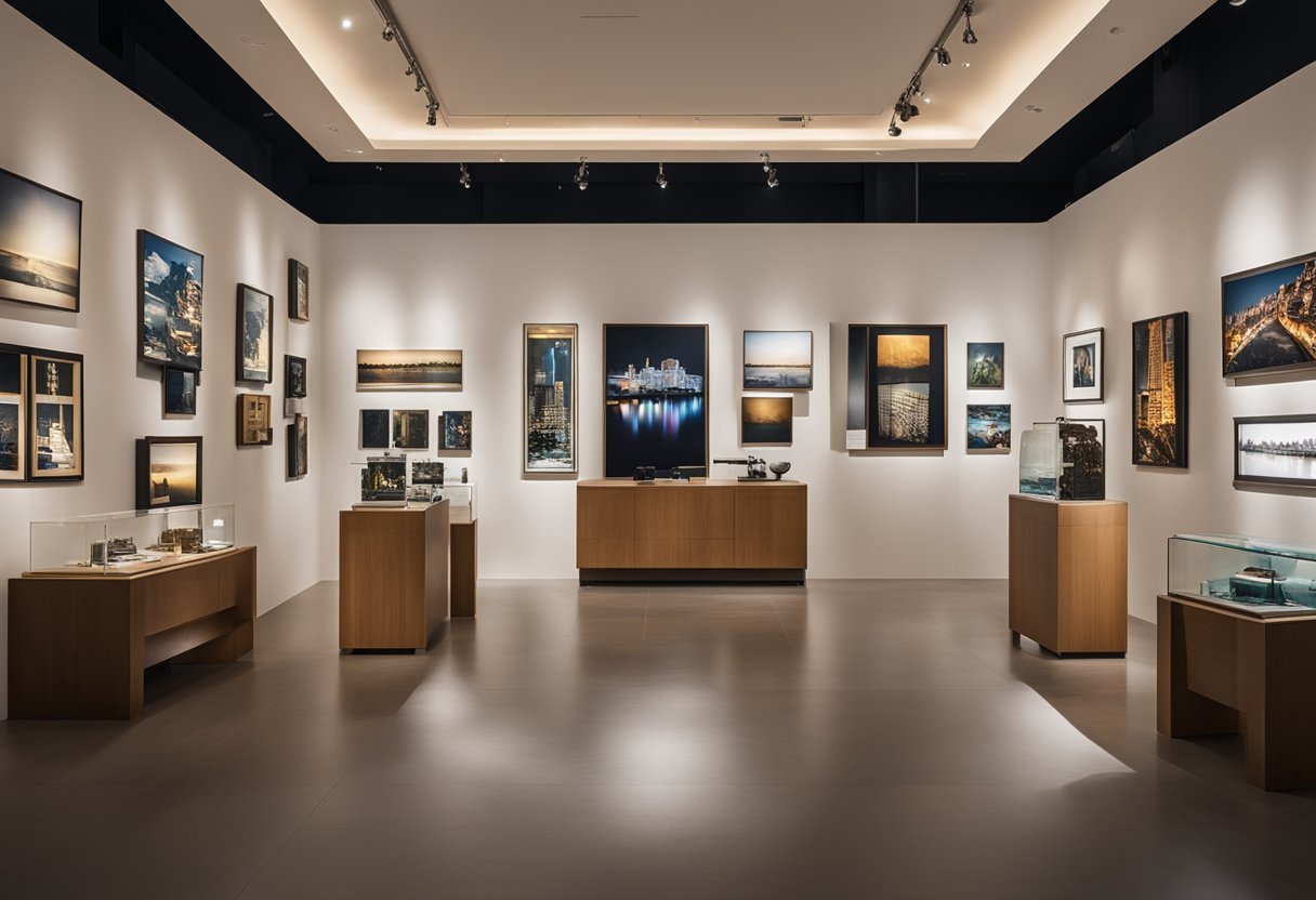 A gallery showcasing various art replicas from the top 8 companies. Each piece is carefully displayed under bright spotlights, highlighting the intricate details and craftsmanship