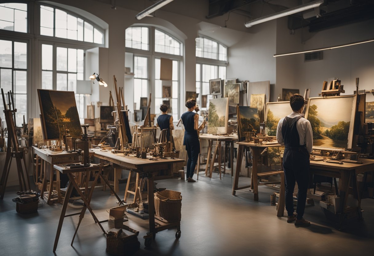 A bustling art studio with various replicas of famous masterpieces displayed on easels, while artists meticulously work on recreating the intricate details