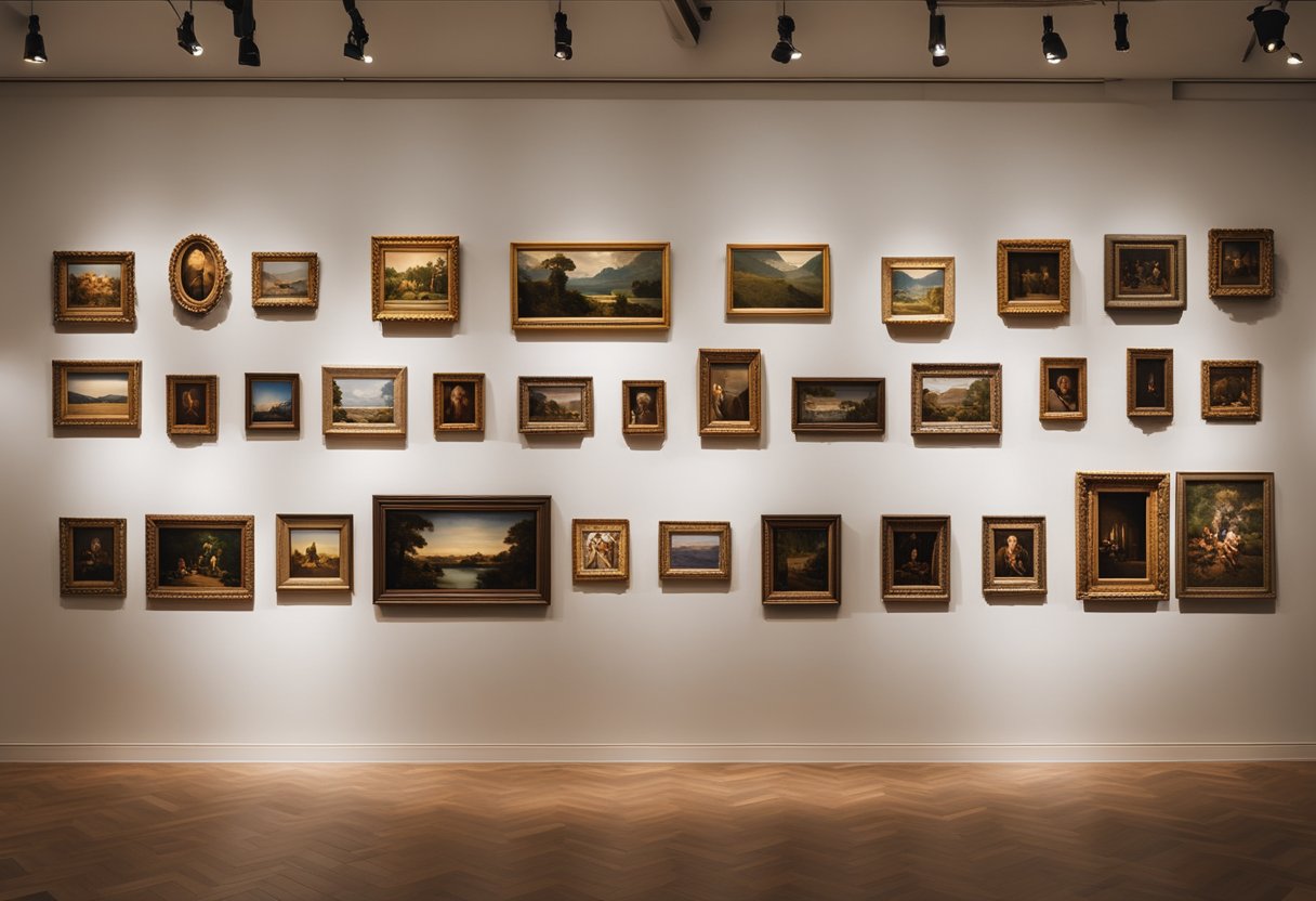 A gallery showcasing replicas of famous artworks from various art periods, carefully displayed under soft lighting and surrounded by elegant frames