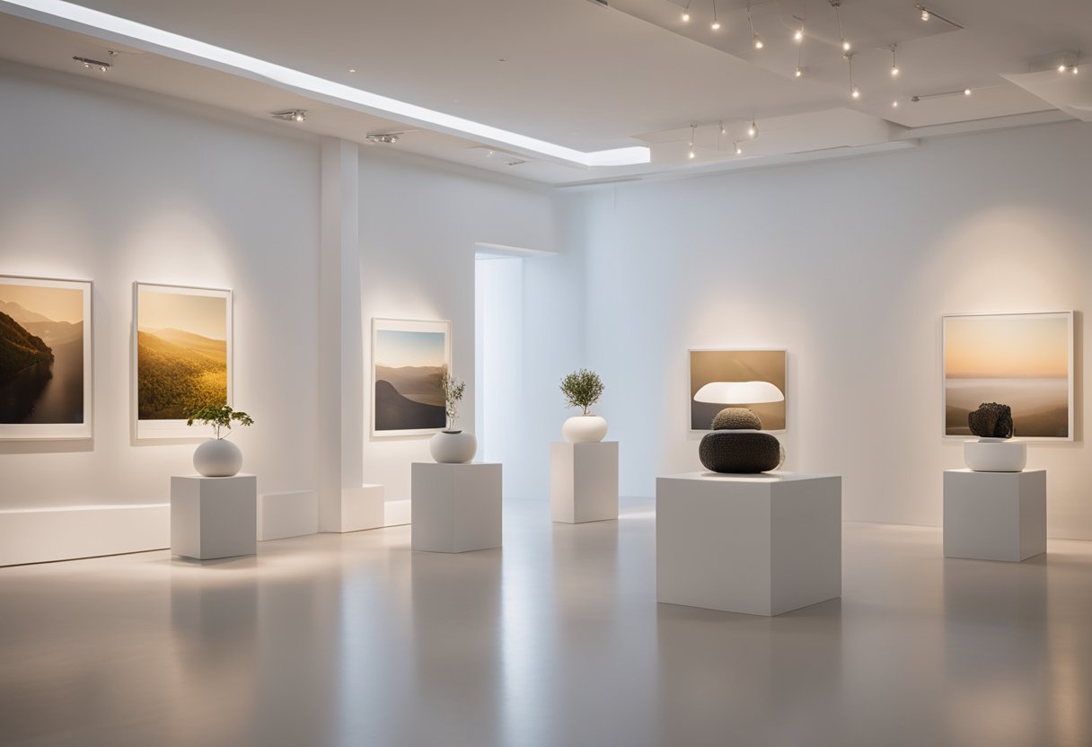 A well-lit gallery with meticulously crafted art replicas displayed on pristine white pedestals, surrounded by soft ambient lighting and minimalistic decor