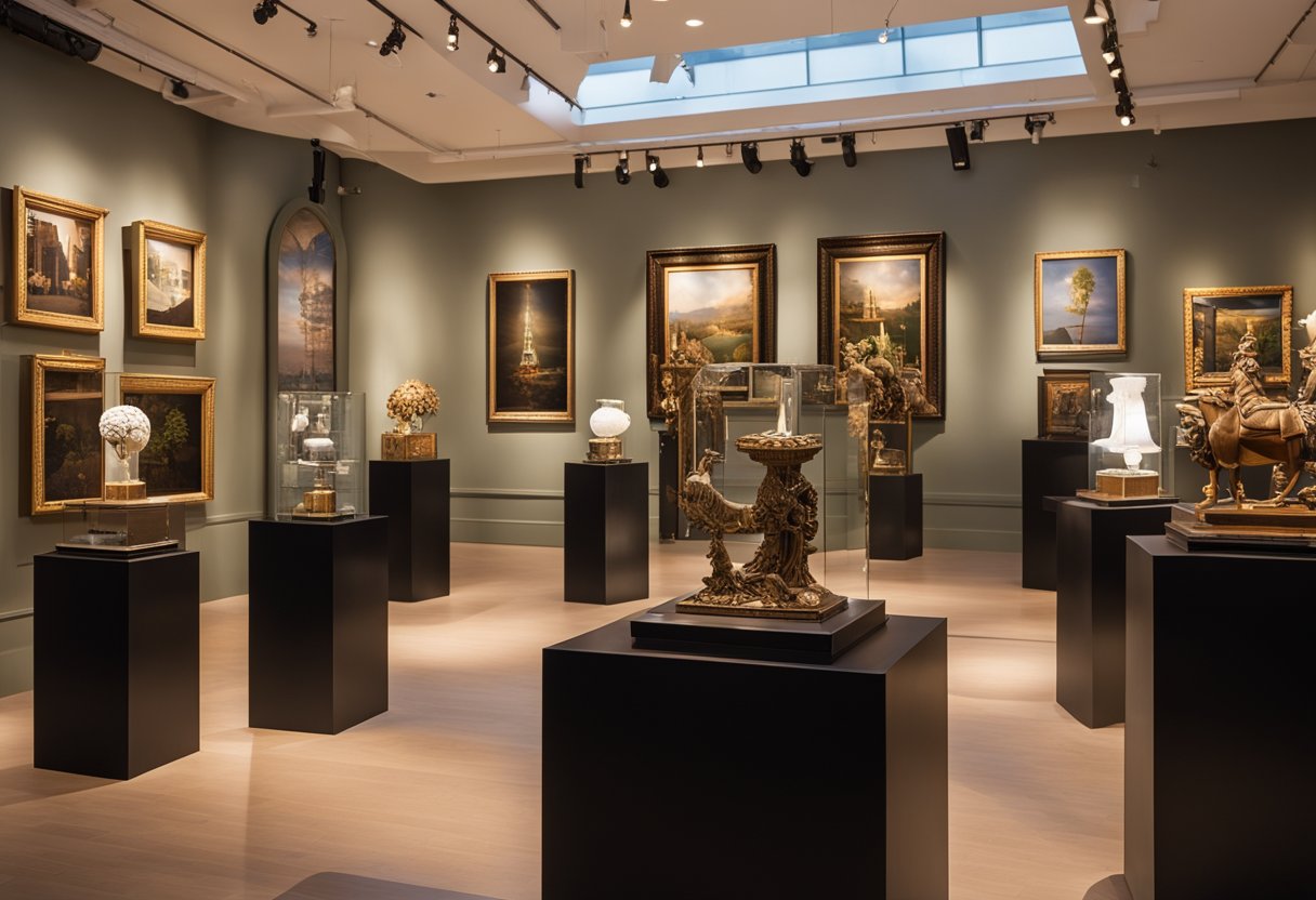 A gallery of diverse art replicas displayed on pedestals with spotlights, surrounded by elegant decor and knowledgeable staff assisting customers