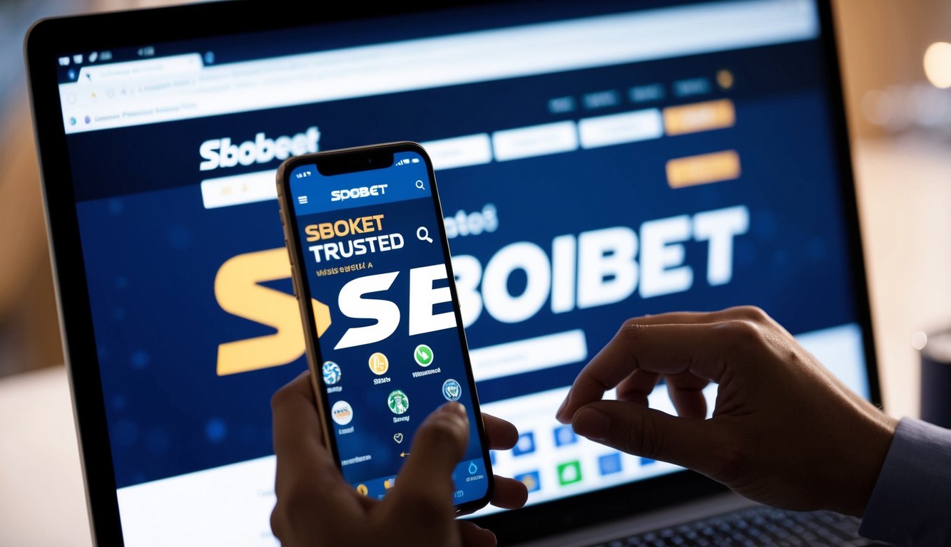 Sebuah layar komputer yang menampilkan situs web Sbobet yang terpercaya, dengan logo dan berbagai ikon olahraga yang terlihat