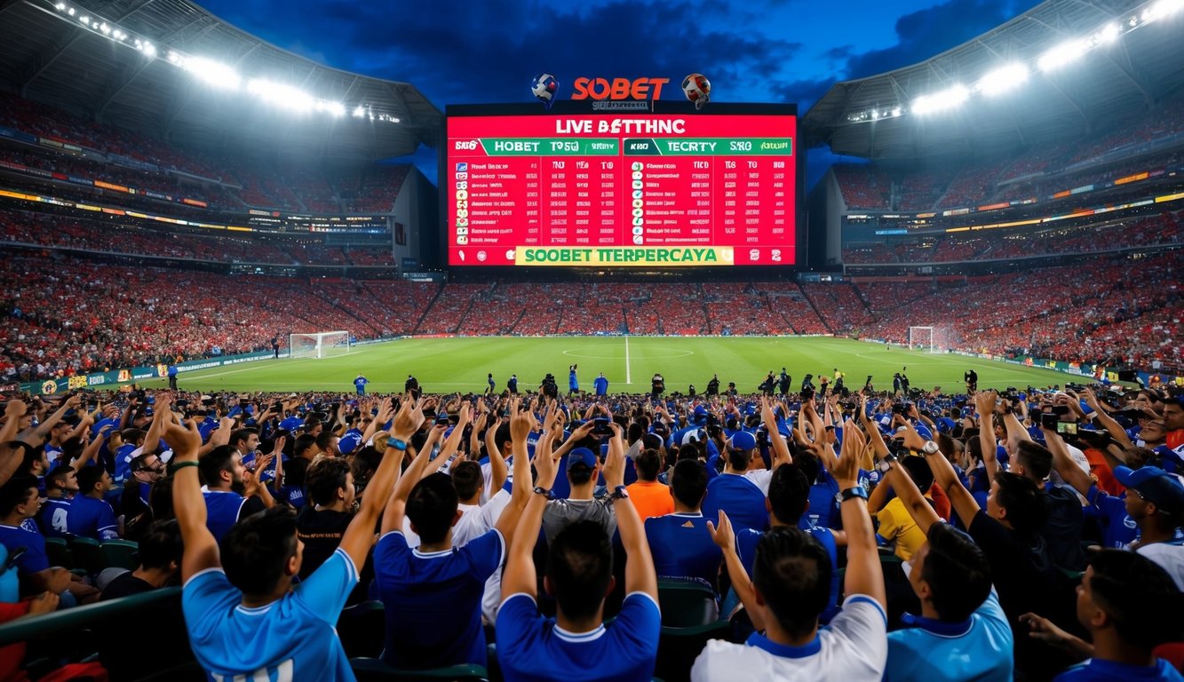 Sebuah stadion yang ramai dengan penggemar yang bersorak, lampu berkedip, dan layar raksasa yang menampilkan odds taruhan langsung untuk Sbobet Terpercaya