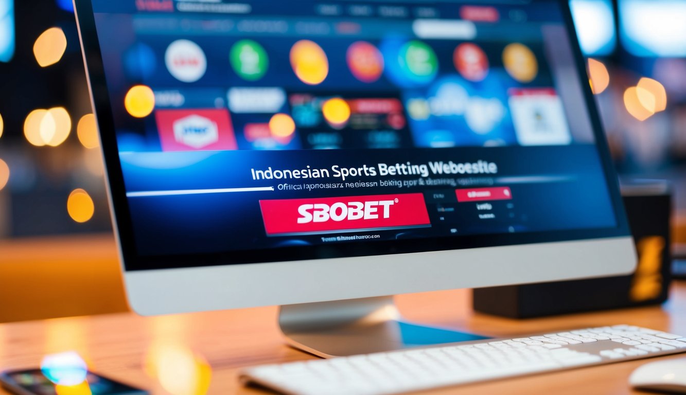 Sebuah situs web taruhan olahraga Indonesia yang modern dan penuh warna dengan merek dan logo Sbobet resmi yang ditampilkan dengan jelas