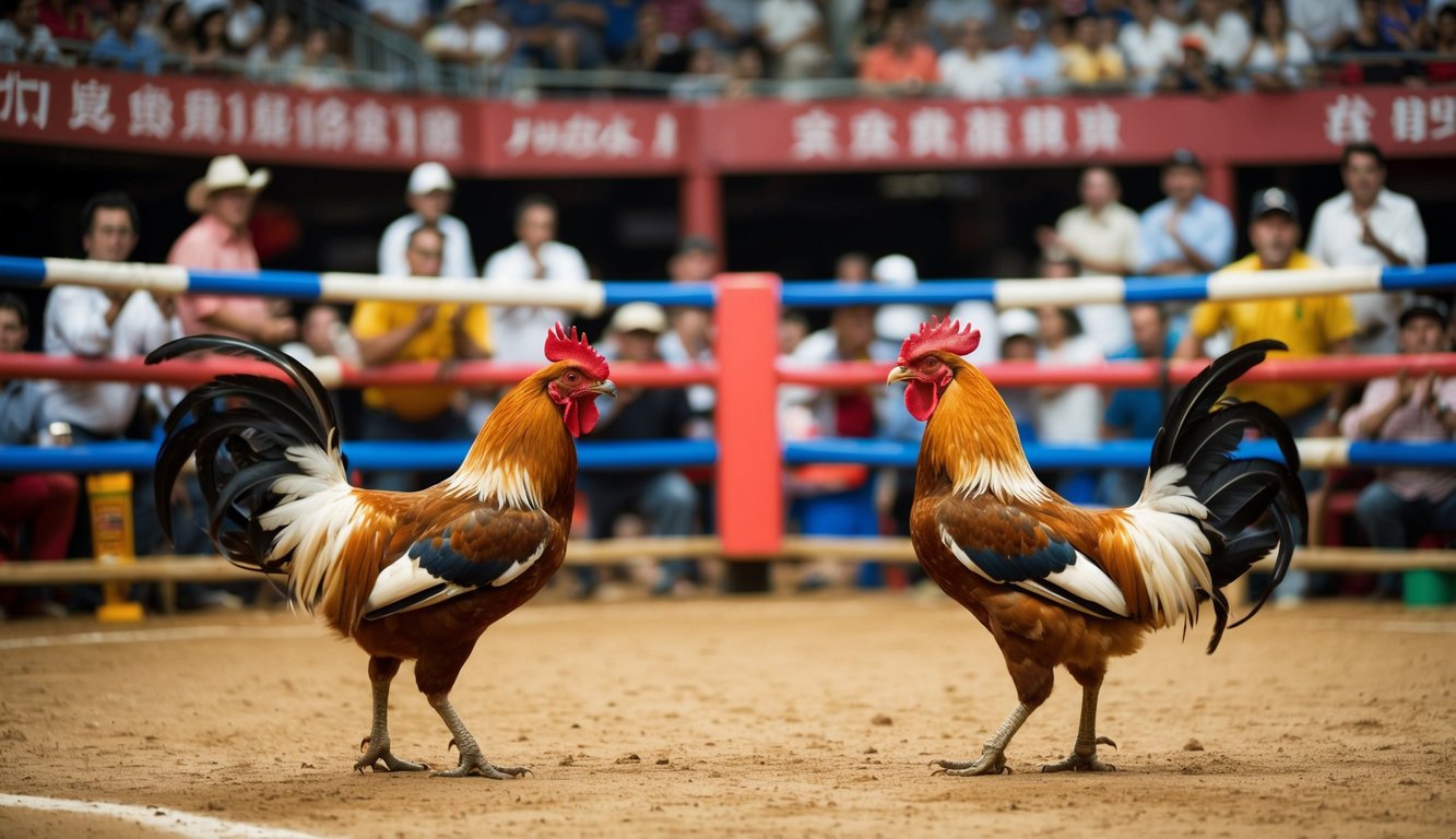 Sebuah arena yang ramai dengan dua ayam jantan yang berhadapan di dalam gelanggang sabung ayam tradisional. Penonton bersorak dan memasang taruhan pada pertandingan yang intens.