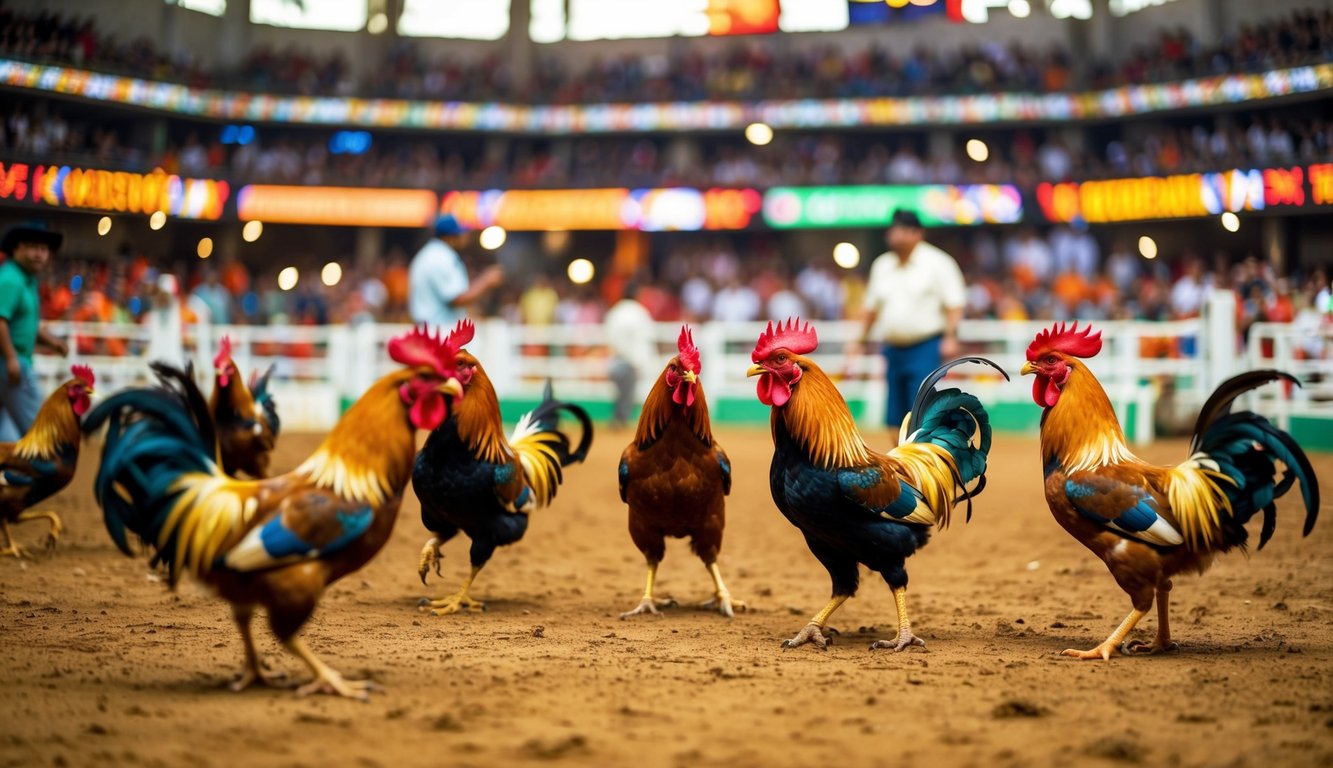 Sebuah arena sabung ayam yang hidup dan ramai dengan penonton yang bersorak serta ayam jantan berwarna-warni di tengah-tengah pertarungan yang sengit