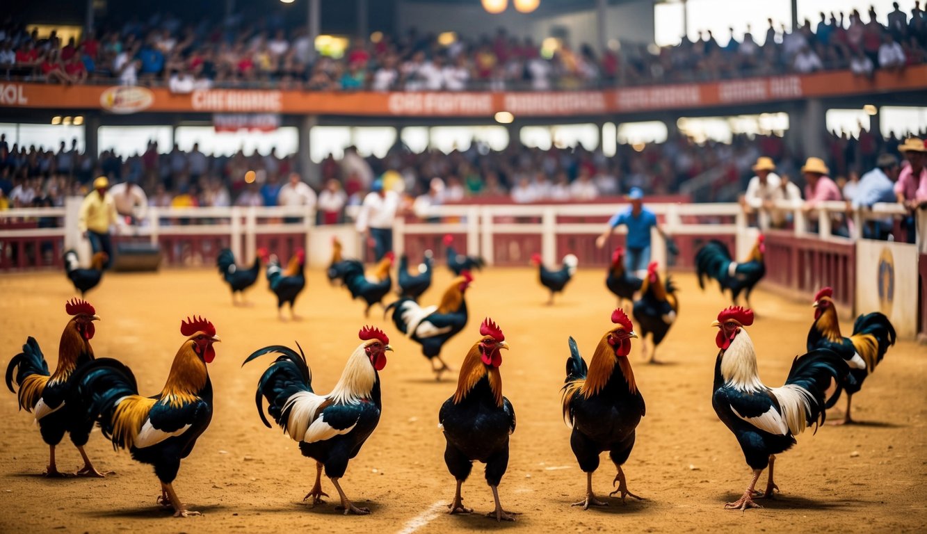 Sebuah arena sabung ayam resmi yang ramai dengan penonton yang bersorak dan ayam jantan berwarna-warni di tengah pertandingan yang sengit