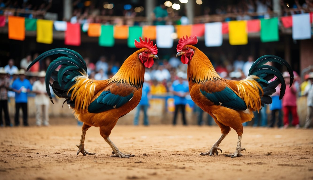 Dua ayam jantan berhadapan di arena sabung ayam tradisional, dikelilingi oleh penonton yang bersorak dan spanduk berwarna-warni