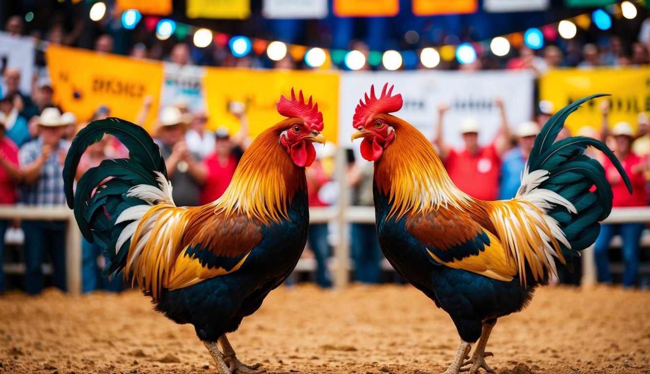 Dua ayam jantan berhadapan di arena luar ruangan yang ramai, dikelilingi oleh penonton yang bersorak dan spanduk berwarna cerah