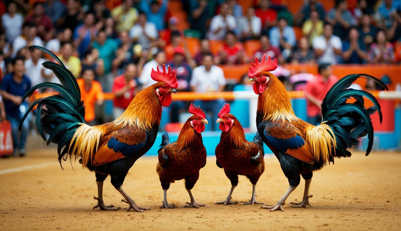 Sebuah arena yang ramai dipenuhi penonton yang bersorak, ayam jantan berwarna-warni saling berhadapan dalam pertandingan sabung ayam yang panas.