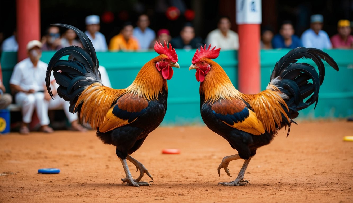 Dua ayam jantan berhadapan di arena sabung ayam tradisional Indonesia, dikelilingi oleh penonton dan aktivitas taruhan.