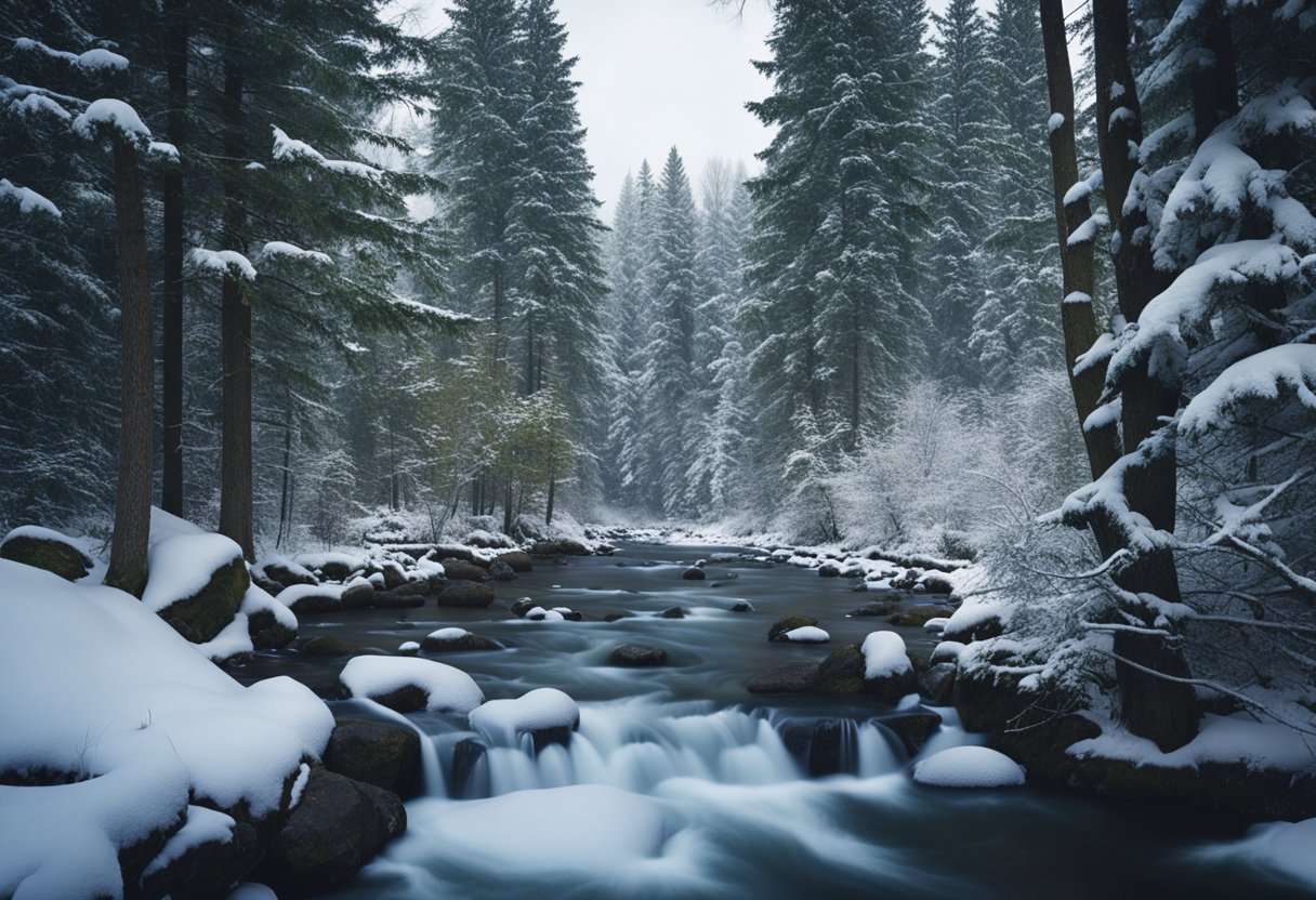 A snowy forest with evergreen trees, a small stream, and animals in winter coats