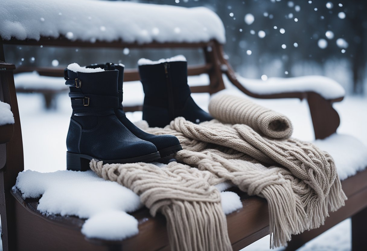 A cozy knit sweater, wool scarf, and stylish boots laid out on a snow-covered bench