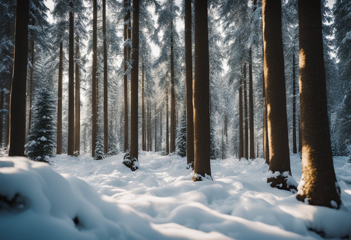 A snowy forest with evergreen trees, adorned with bold plaid and cozy wool fabrics, contrasted against a backdrop of delicate snowflakes