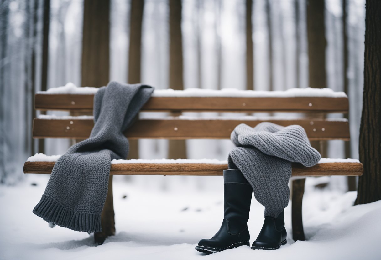 A cozy knit sweater, stylish ankle boots, and a warm wool coat arranged on a rustic wooden bench in a snowy forest