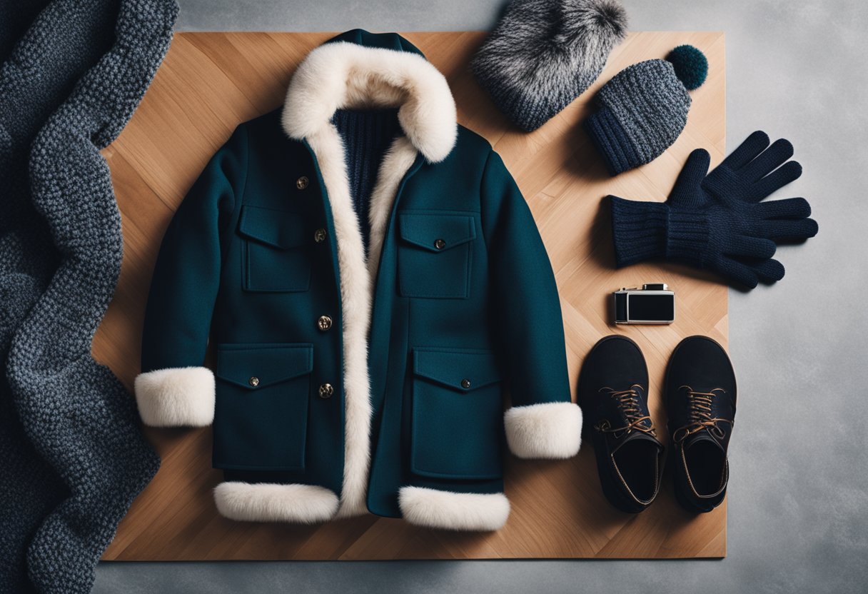 A cozy winter coat with a faux fur collar, paired with knit gloves, a chunky scarf, and a stylish beanie