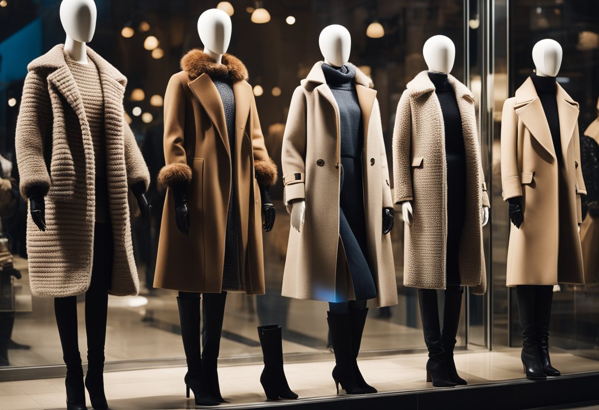 A group of mannequins in a store window, dressed in trendy winter fashion: oversized coats, chunky knit sweaters, and knee-high boots