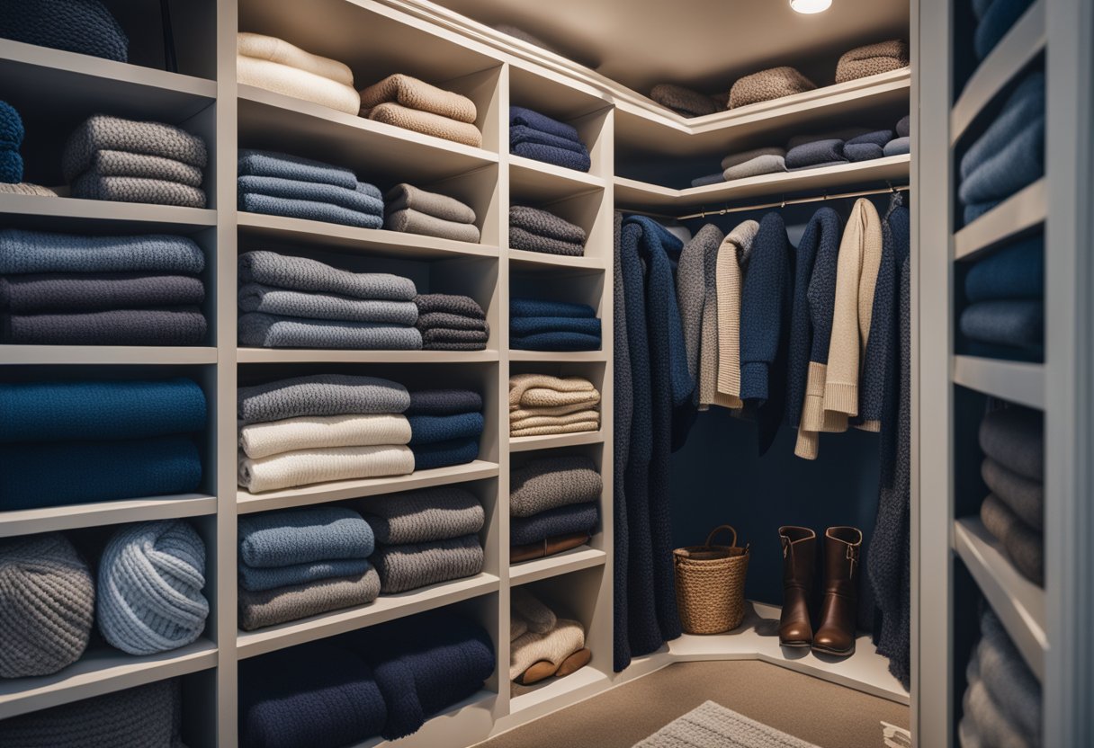 A cozy closet filled with knit sweaters, wool coats, scarves, and boots, all in coordinating colors of deep blues, grays, and creams