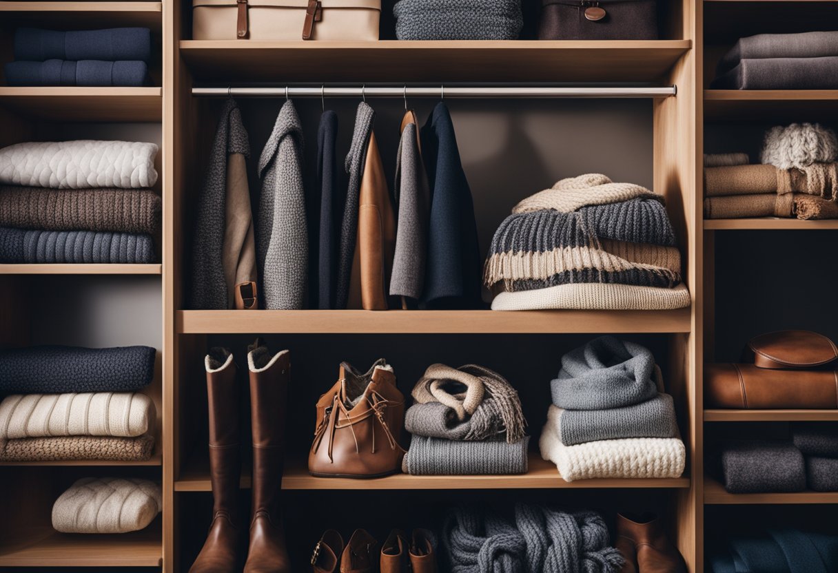 A cozy closet filled with neatly organized winter clothing and accessories. Boots, scarves, hats, and coats are hung or neatly folded on shelves