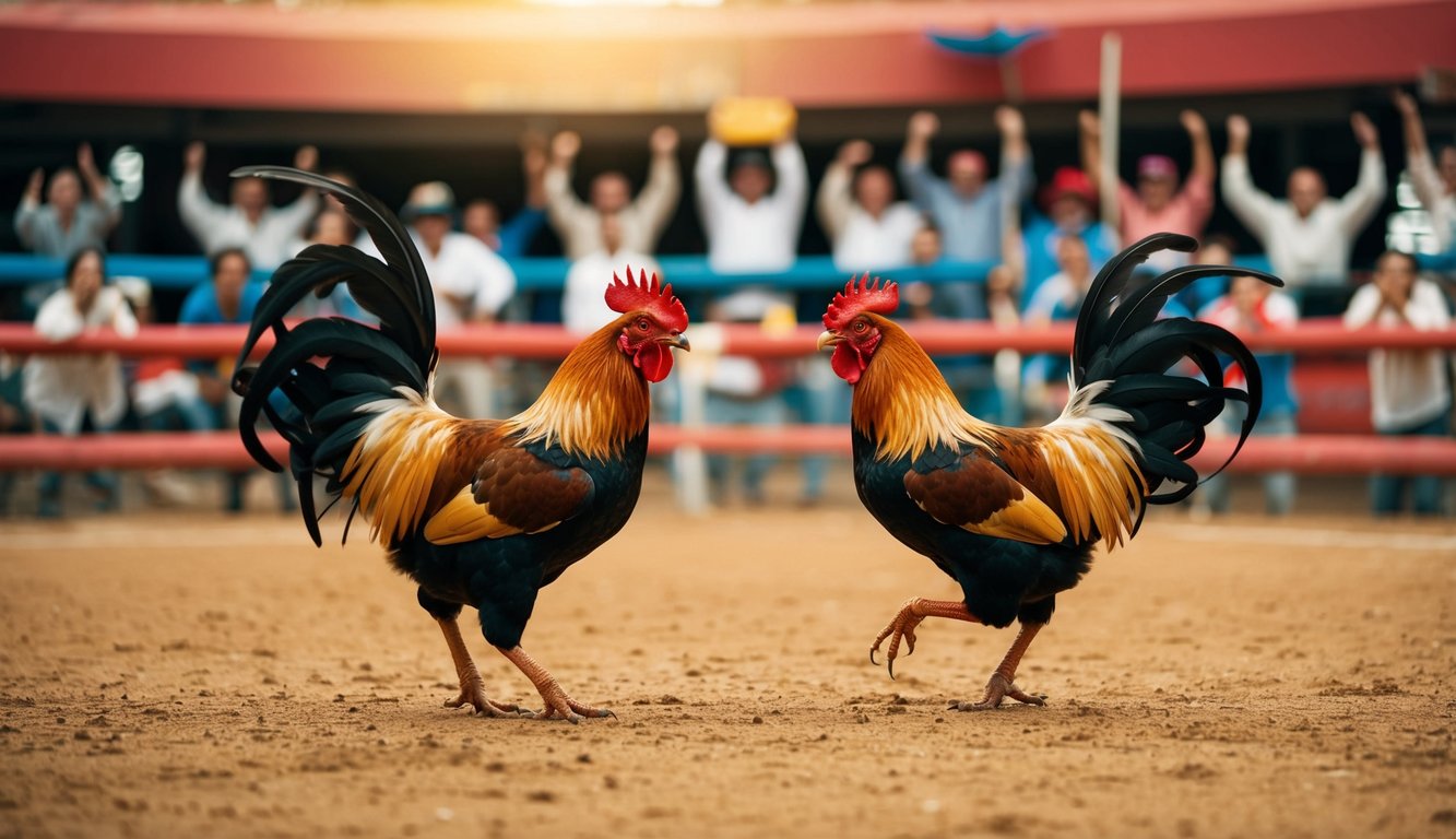 Sebuah arena sabung ayam yang meriah dengan penonton yang bersorak dan dua ayam jantan yang garang berhadapan di tengah