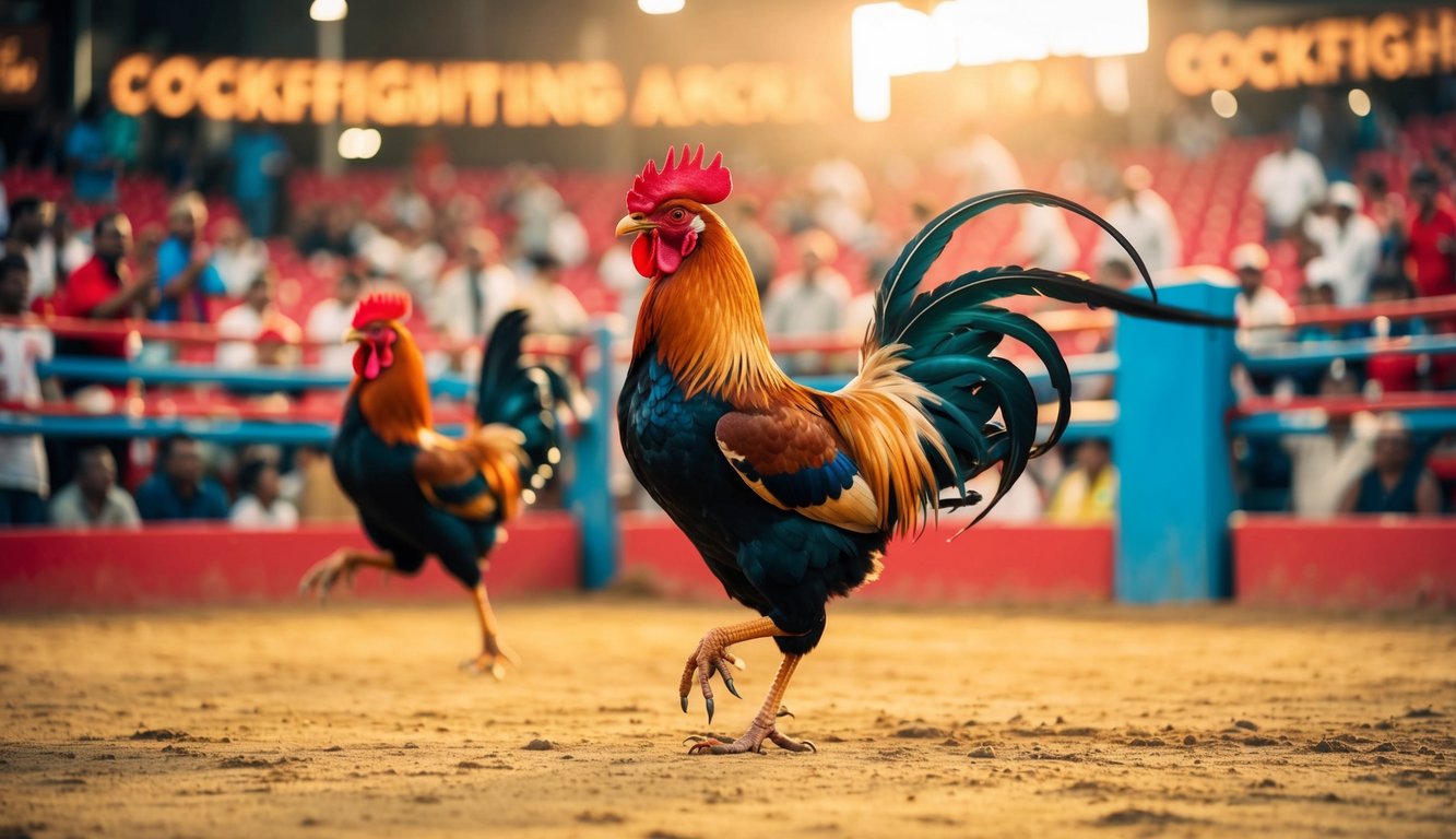 Arena sabung ayam yang semarak dengan penonton yang bersorak dan ayam jantan berwarna-warni yang sedang bertanding