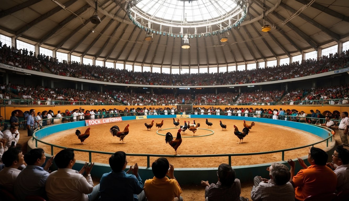 Sebuah arena sabung ayam resmi yang ramai dengan penonton yang bersorak dan ayam jantan berwarna-warni di tengah ring