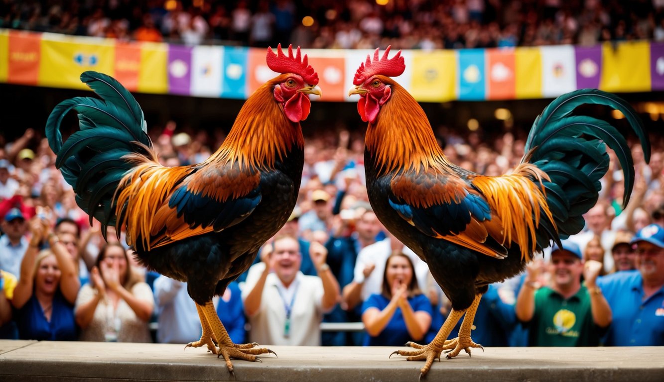 Dua ayam jantan berhadapan di arena yang ramai dan hidup, dikelilingi oleh penonton yang bersorak dan spanduk berwarna-warni