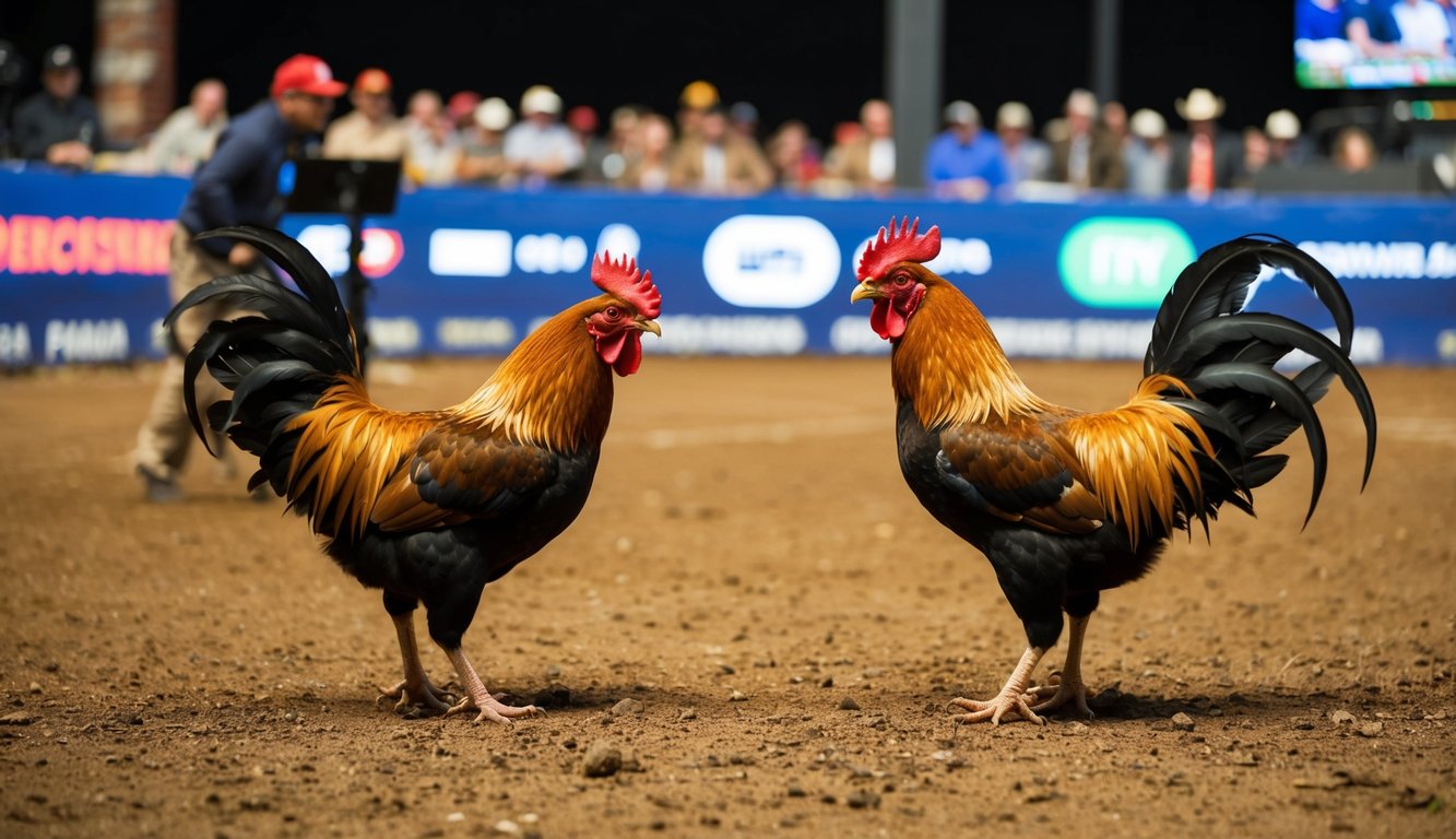 Dua ayam jantan berhadapan di dalam lubang tanah yang dikelilingi oleh kerumunan, dengan peralatan taruhan dan siaran langsung terlihat di latar belakang