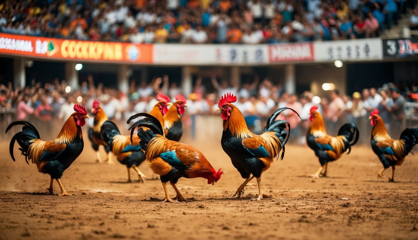 Arena sabung ayam yang ramai dan hidup dengan penonton yang bersorak dan ayam jantan berwarna-warni di tengah pertarungan yang sengit