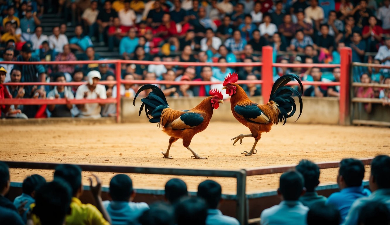 Sebuah arena sabung ayam di Indonesia yang ramai dengan penonton yang bersorak dan dua ayam jantan yang terlibat dalam pertarungan