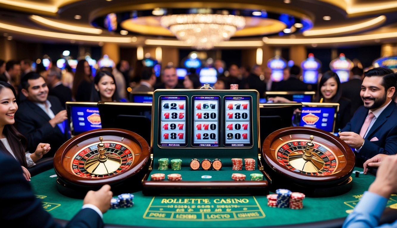 Sebuah kasino online yang ramai dengan roulette, poker, dan mesin slot, dikelilingi oleh kerumunan pemain yang antusias