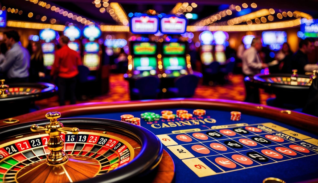 Sebuah suasana kasino yang hidup dengan roulette, poker, dan mesin slot, dikelilingi oleh pemain yang antusias dan lampu berkedip