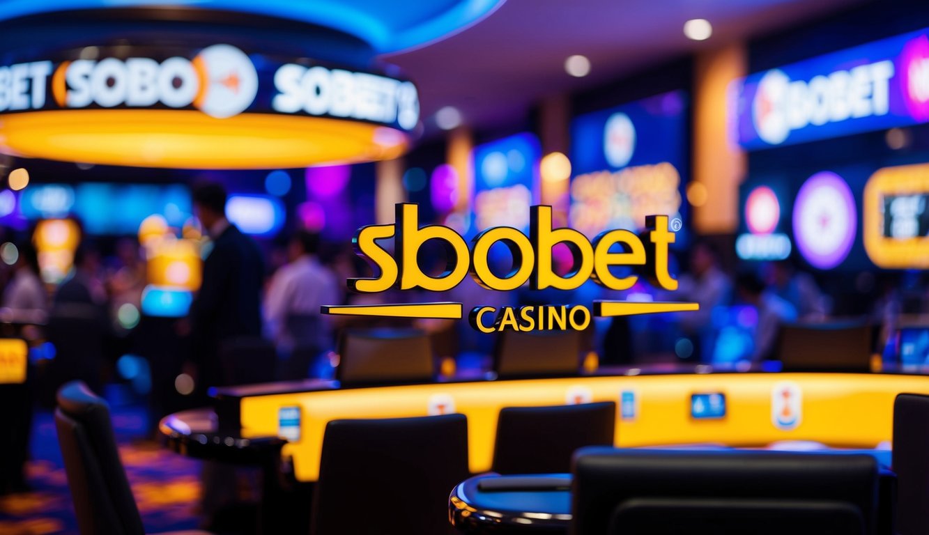 Sebuah kasino online yang ramai dan hidup dengan logo Sbobet yang ditampilkan dengan jelas