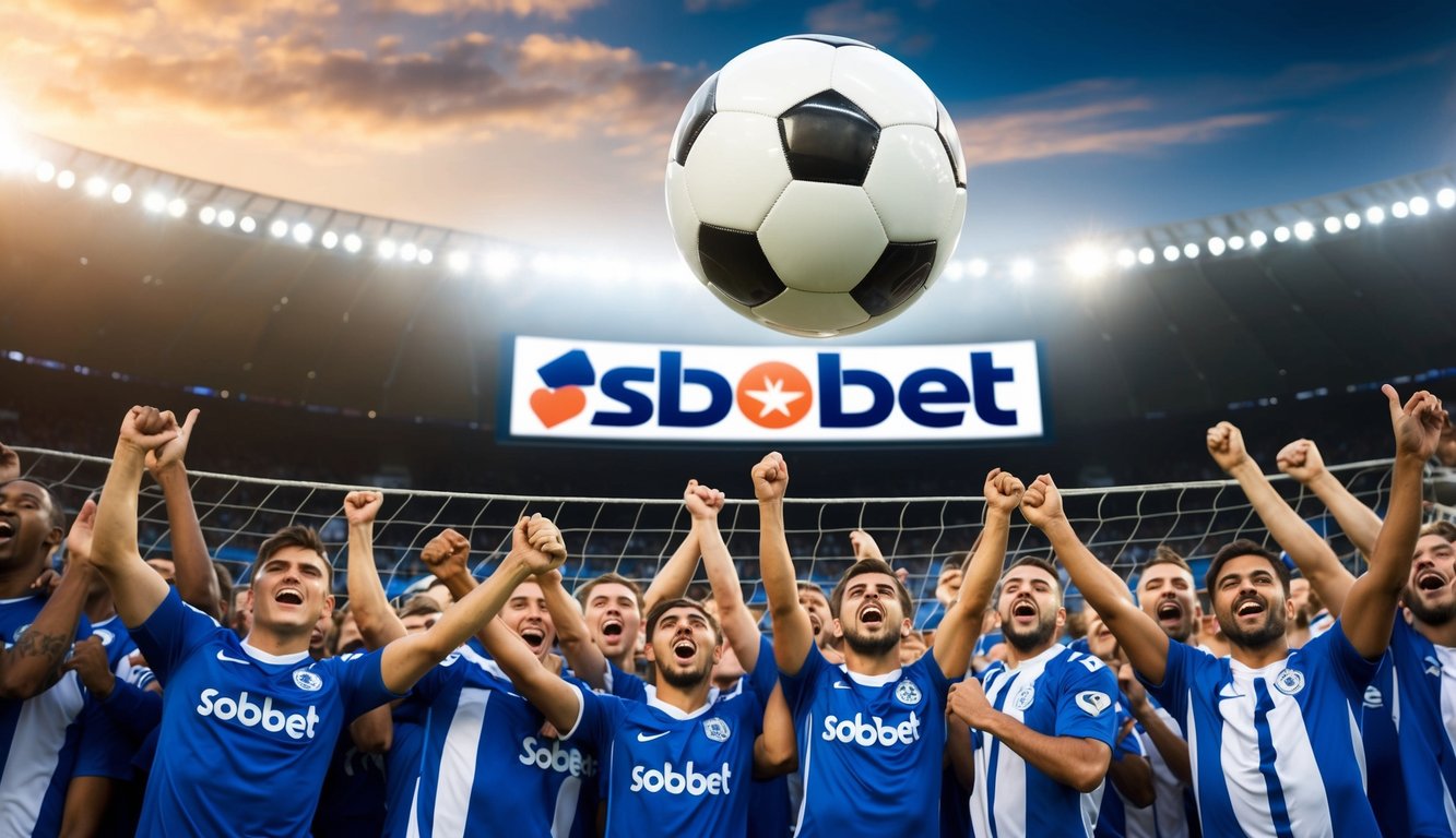 Sebuah bola sepak terbang ke dalam gawang, dikelilingi oleh para penggemar yang bersorak dan logo Sbobet ditampilkan secara mencolok di layar stadion