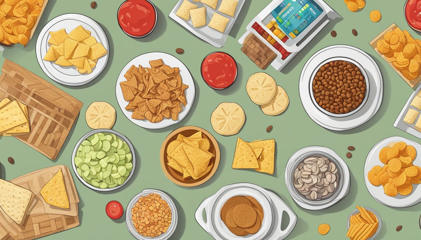 A table with a variety of snacks and chips, with a red circle and line through it to indicate avoiding them for diabetics