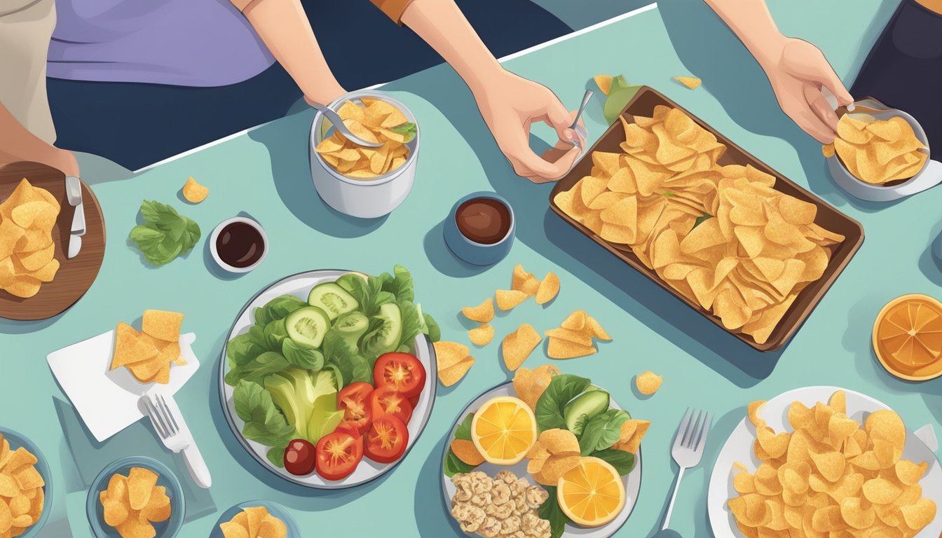 A diabetic person enjoying a variety of healthy snacks and chips on a table