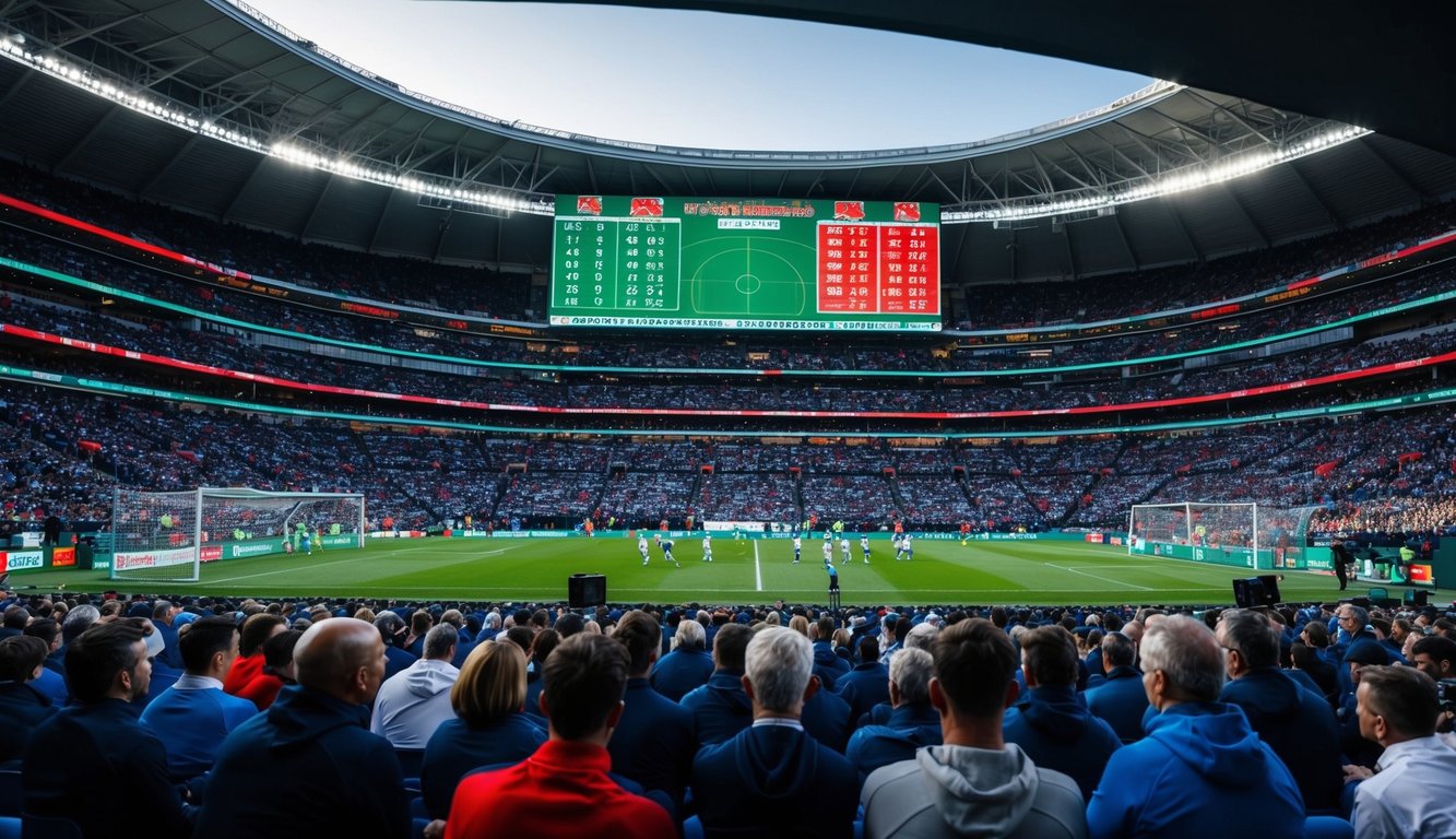 Sebuah stadion olahraga yang ramai dengan papan skor elektronik besar yang menampilkan odds taruhan langsung