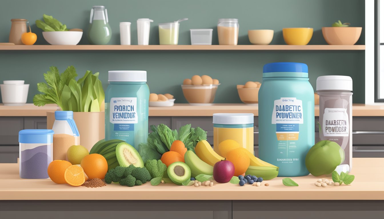 A kitchen counter with various ingredients such as fruits, vegetables, protein powder, and a blender. A diabetic-friendly label on the protein powder container