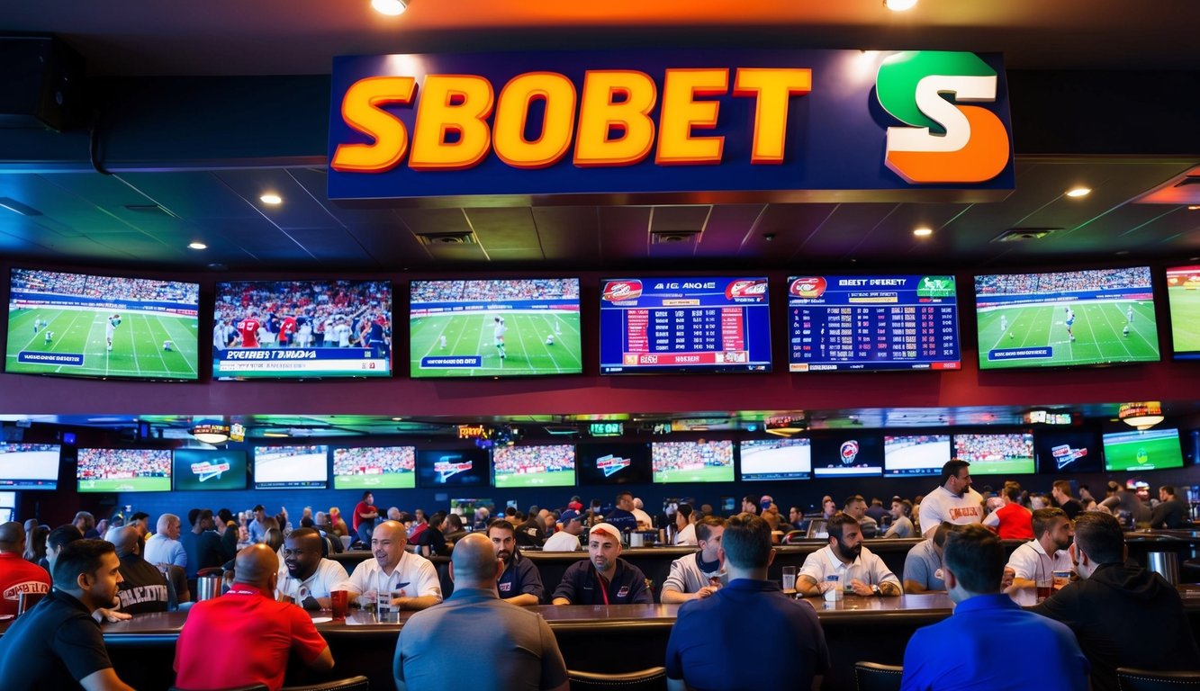 Sebuah bar olahraga yang ramai dengan beberapa layar TV yang menampilkan pertandingan langsung dan tanda taruhan olahraga Sbobet besar yang menggantung di atas bar