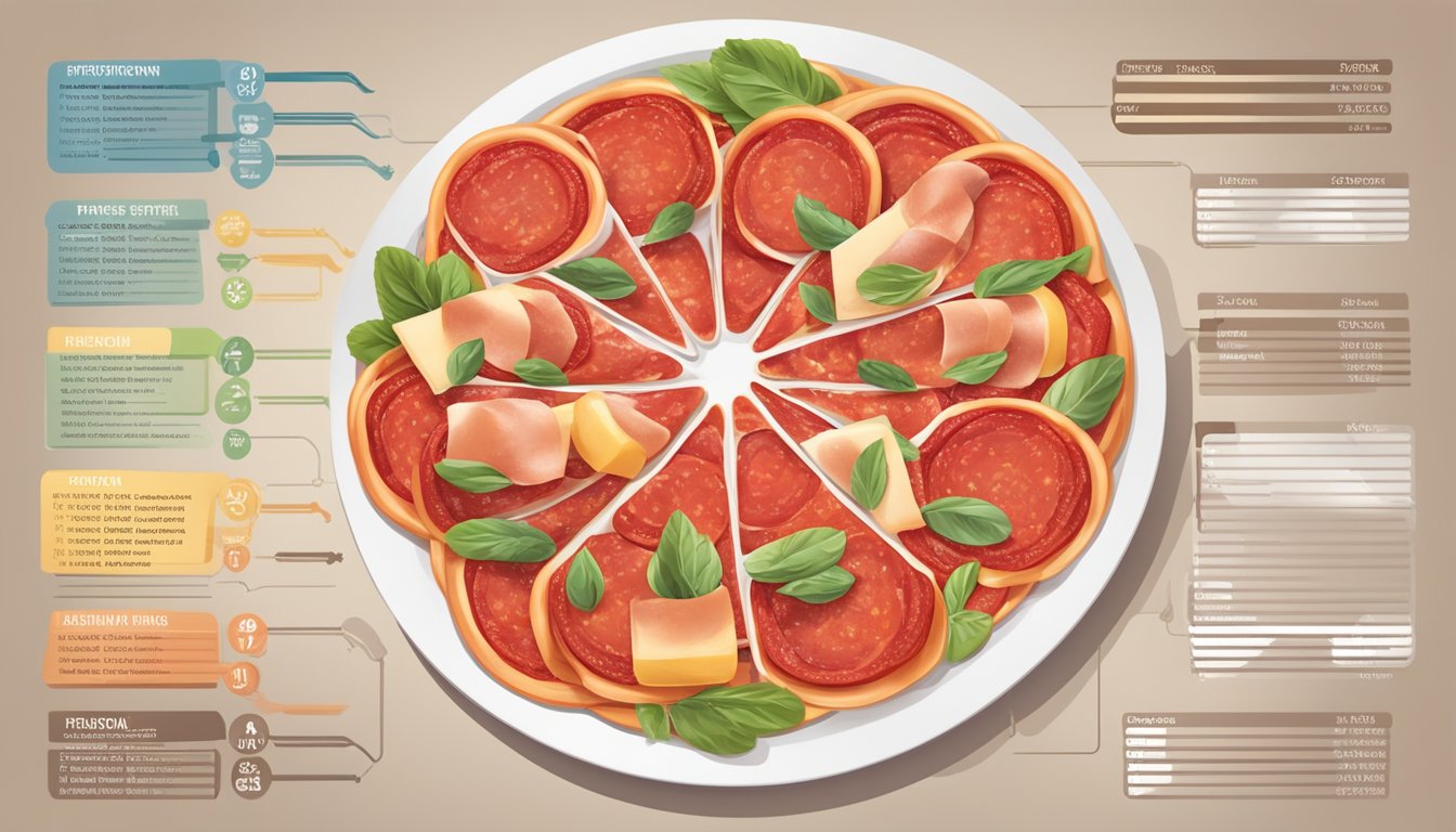 A plate with sliced pepperoni, surrounded by nutritional information labels