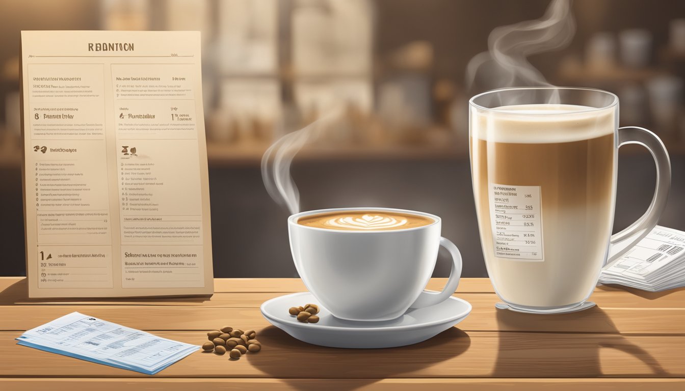 A steaming soy latte sits on a rustic wooden table, surrounded by a scattering of soybeans and a nutritional information chart