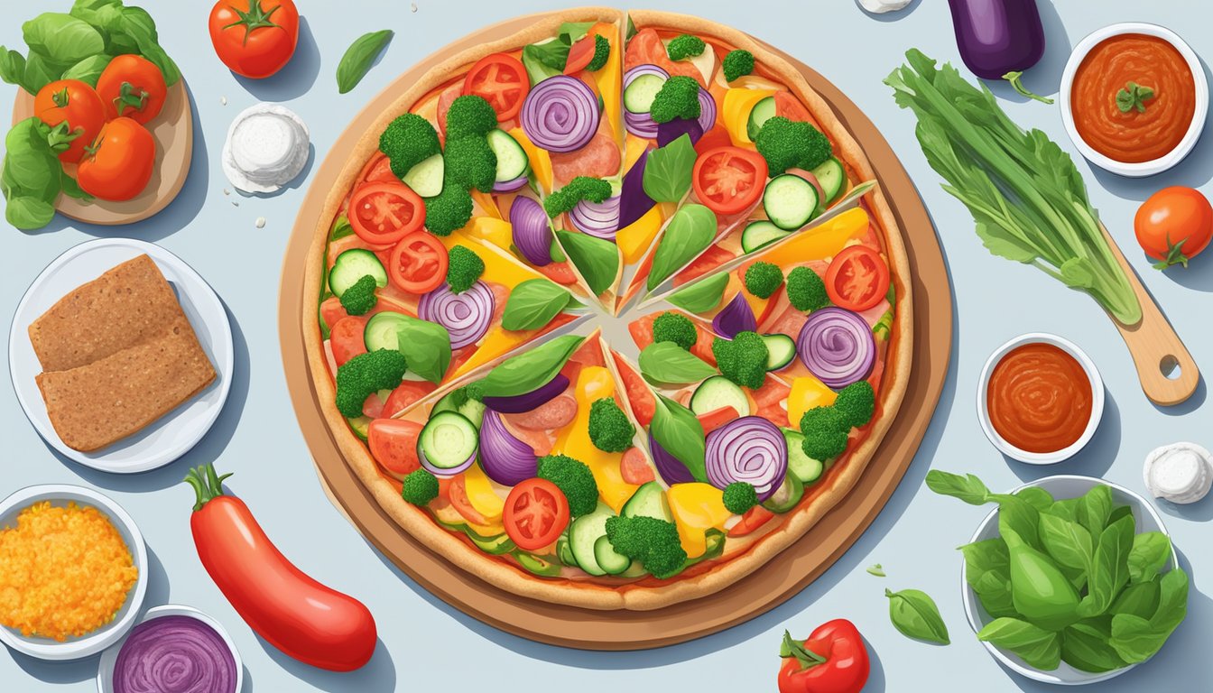 A colorful array of fresh vegetables and lean meats arranged on a whole wheat pizza crust, with a side of sugar-free marinara sauce