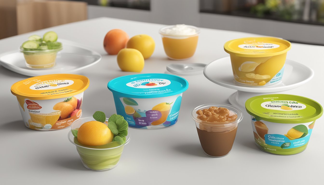 A variety of pudding cups, along with a selection of fruits and sugar-free options, are displayed on a table next to a diabetes education pamphlet