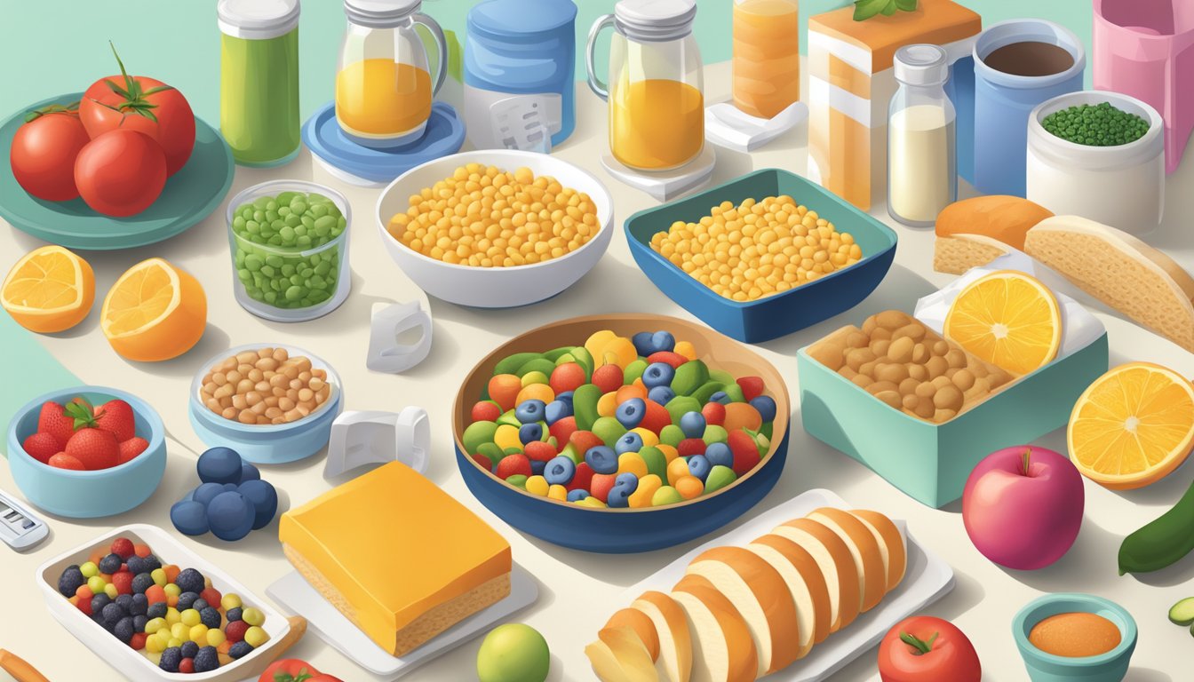 A colorful illustration of various food items representing macronutrients, with a focus on portion control and balanced choices, next to a diabetes education booklet