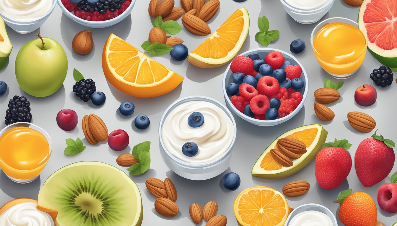 A colorful array of fresh fruit, nuts, and yogurt arranged on a table, with a variety of healthy pudding cups next to them