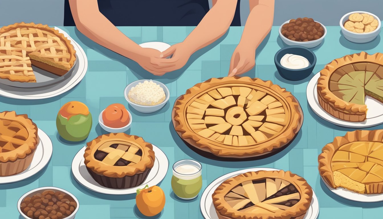 A diabetic person sitting at a table with a variety of pies in front of them, while a nutritionist explains the importance of moderation in their diet