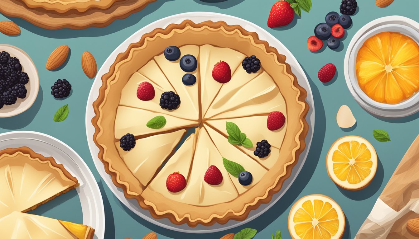 A table with a freshly baked pie surrounded by a variety of diabetic-friendly ingredients such as almond flour, stevia, and fresh fruit