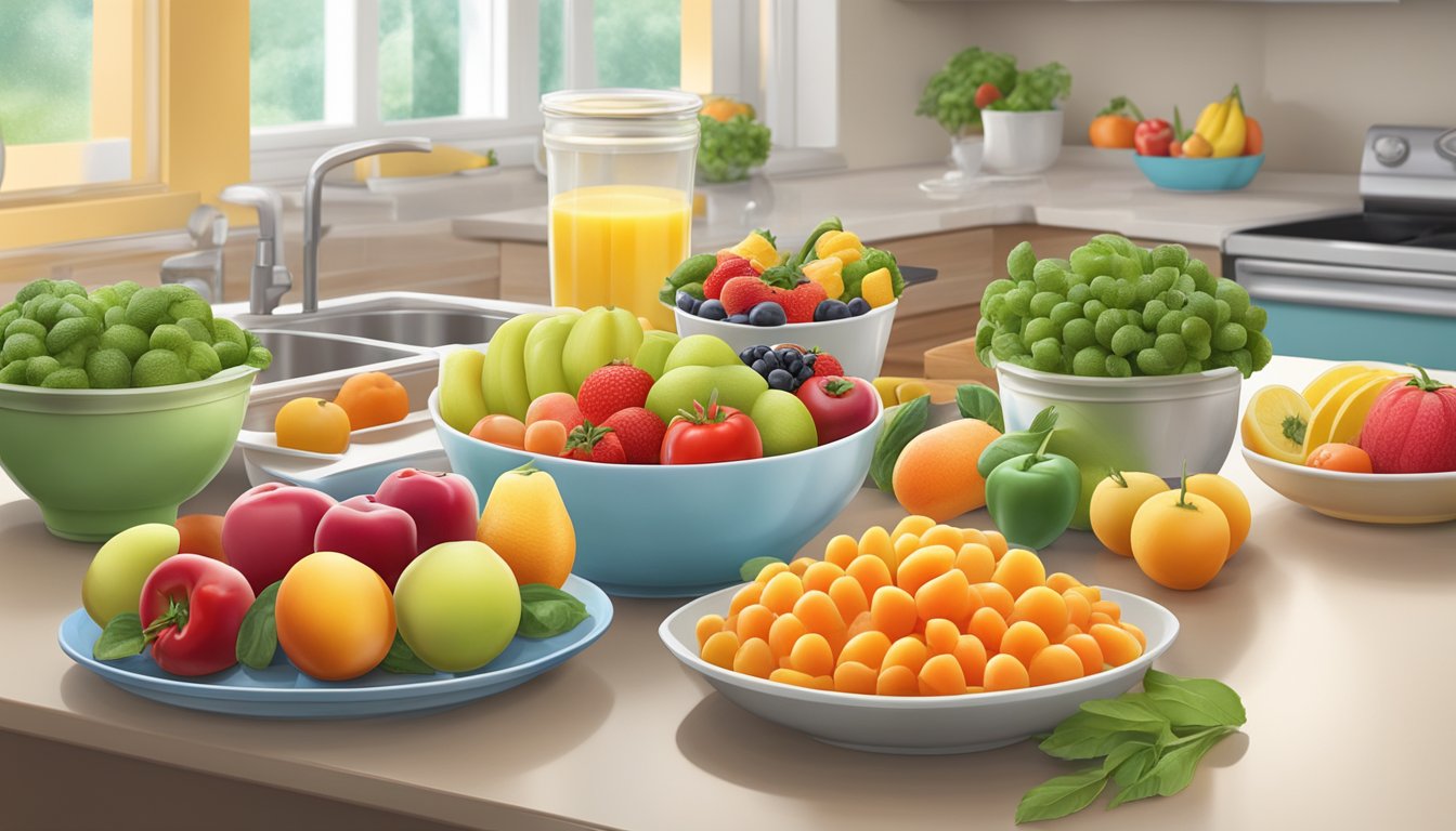 A colorful array of fresh fruits and vegetables arranged on a kitchen counter, alongside a variety of sugar-free pudding cups