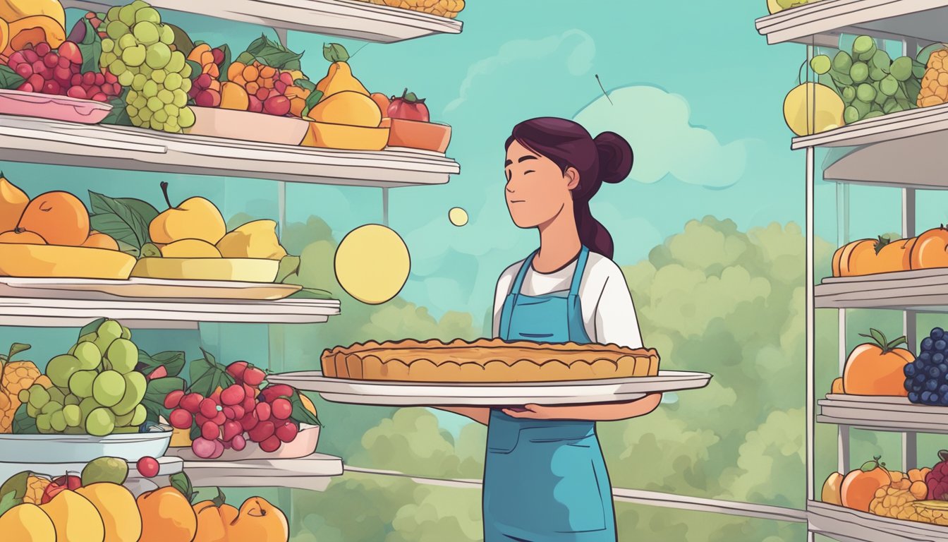 A diabetic person holding a pie with a thought bubble containing various fruits and sugar alternatives